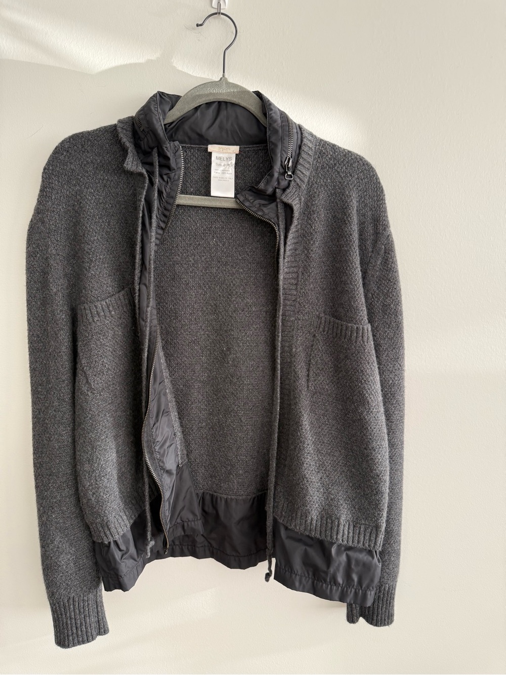 Melys Cashmere Charcoal Knit Zip-Front Sweater with Hood and Nylon Accents.